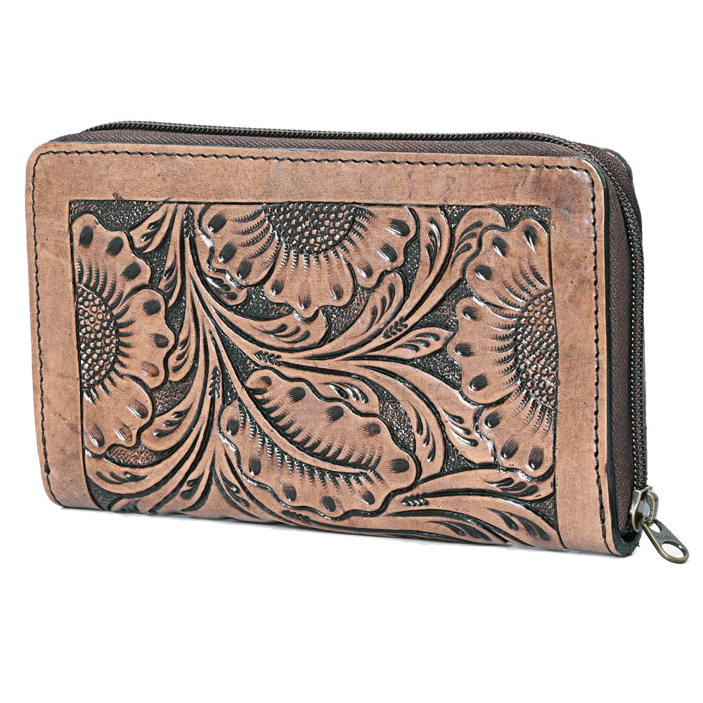 Cartera zip-around cuero tooling girasoles vista frontal en ángulo
