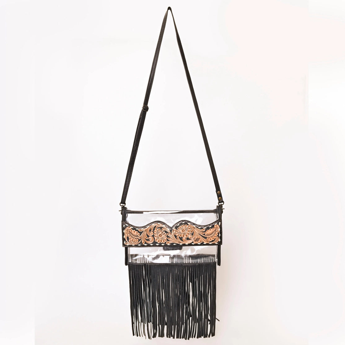 Bolsa transparente vertical con flecos negros largos y solapa tooled – vista frontal