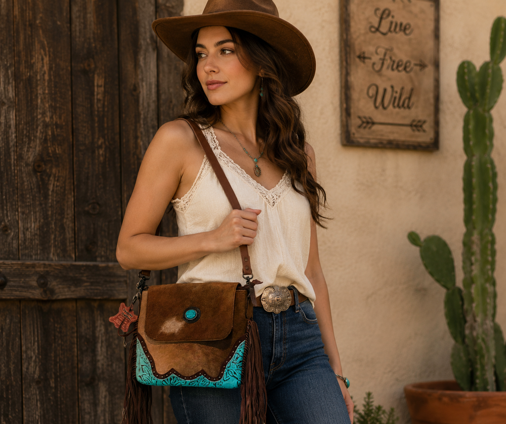 Bolsa Crossbody Western con Flecos – Vino/Café