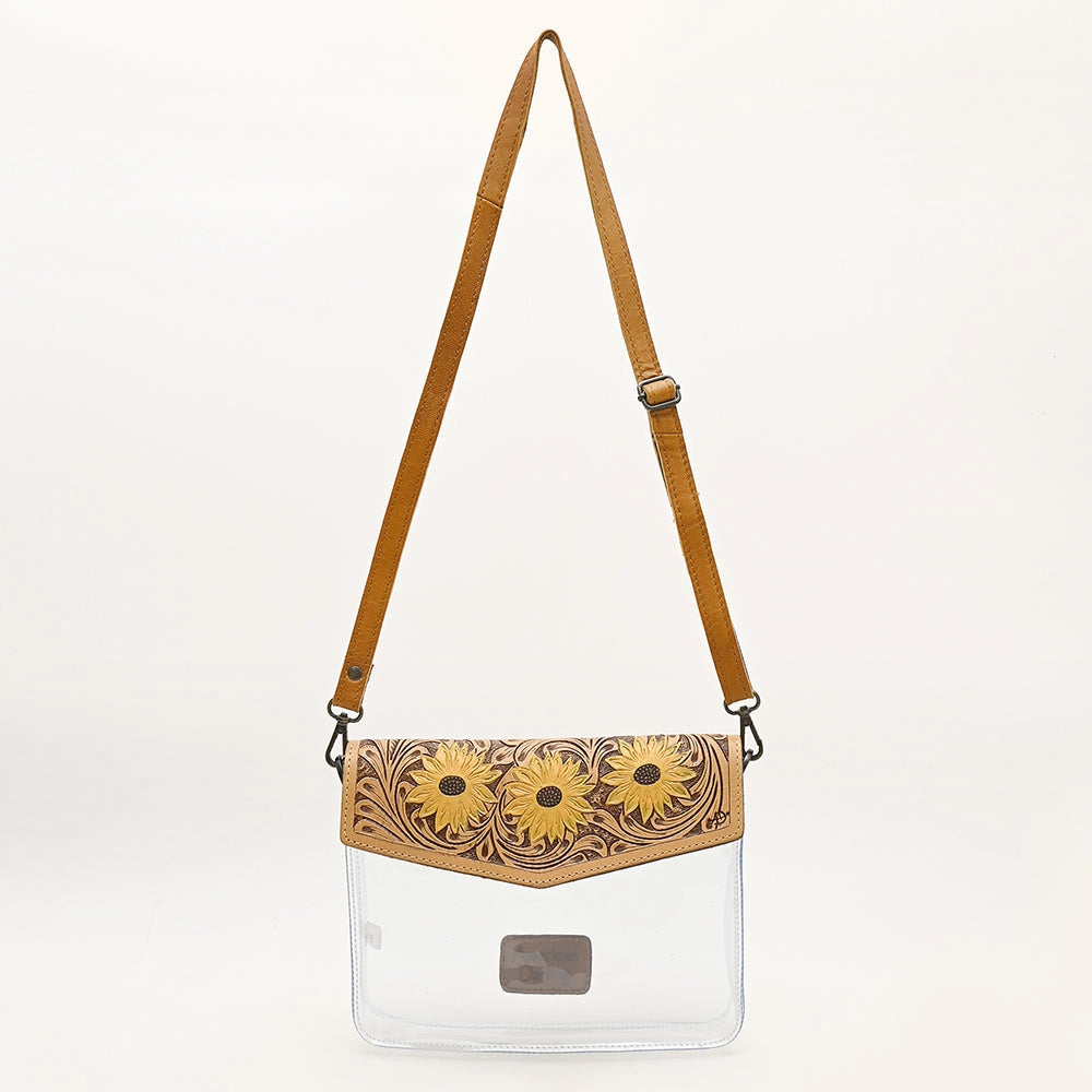 Bolsa transparente con solapa de cuero tooled con 3 girasoles – vista frontal