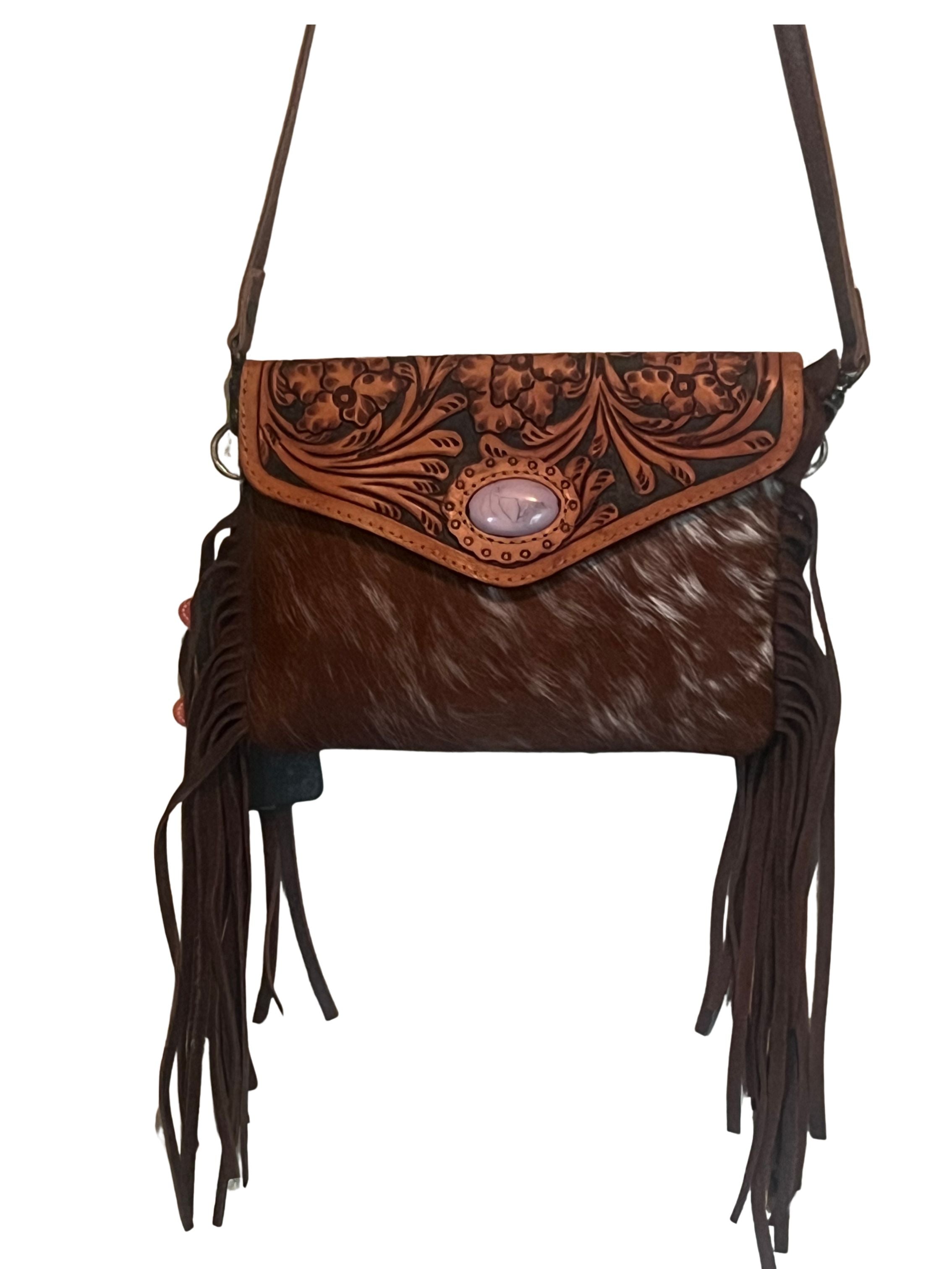 Floral Tooling Crossbody Bag — Pink Concho & Fringe | Western Leather Purse | American Darling