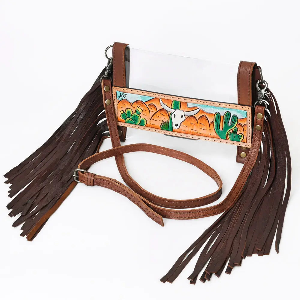 Bolsa transparente con flecos café y solapa de longhorn – vista lateral