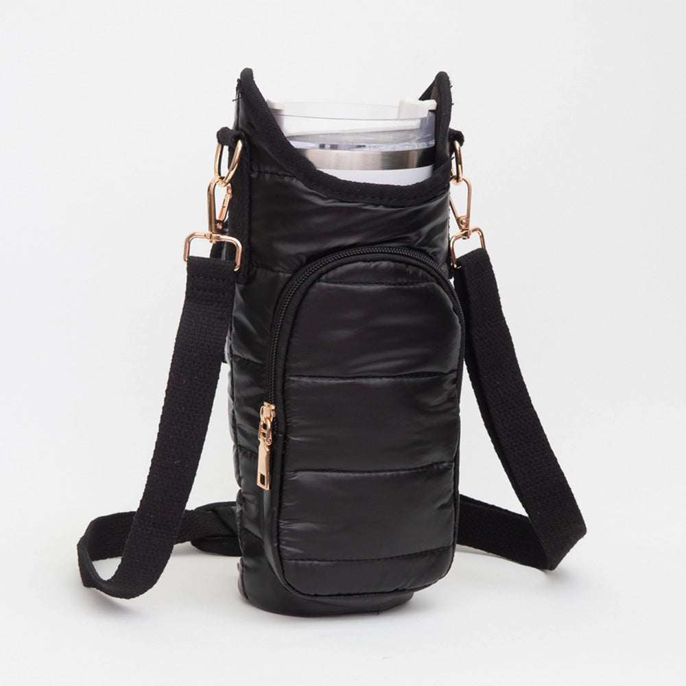 Puffer Tumbler Carrier Crossbody Bag in Black - front view