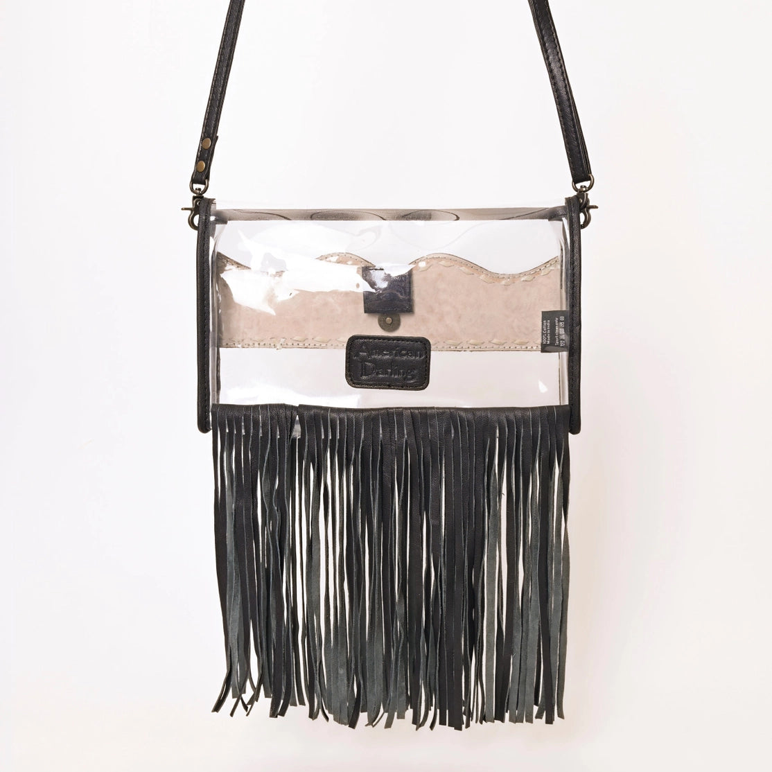 Bolsa transparente vertical con flecos negros – vista trasera con logo American Darling