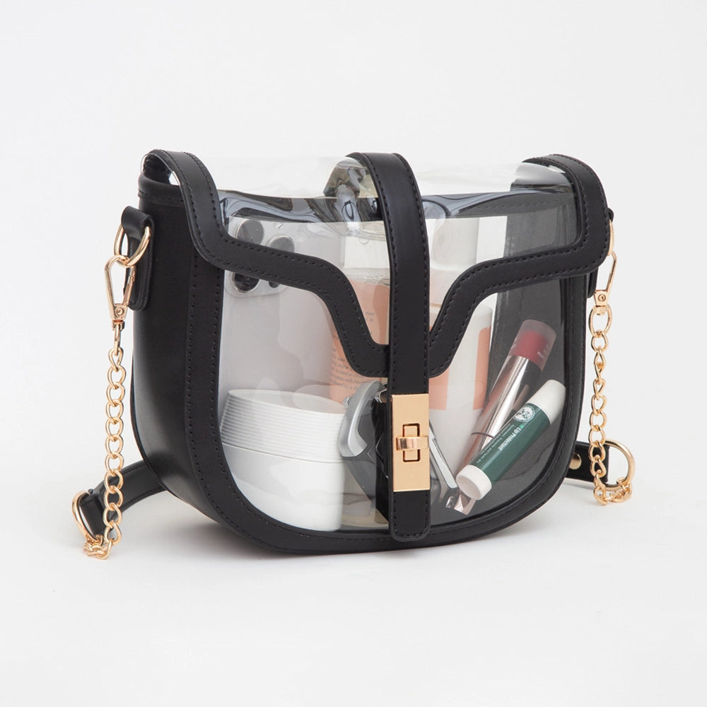 Clear Saddle Bag — Bolsa Transparente Estructurada con Cadena Dorada | Stadium Approved