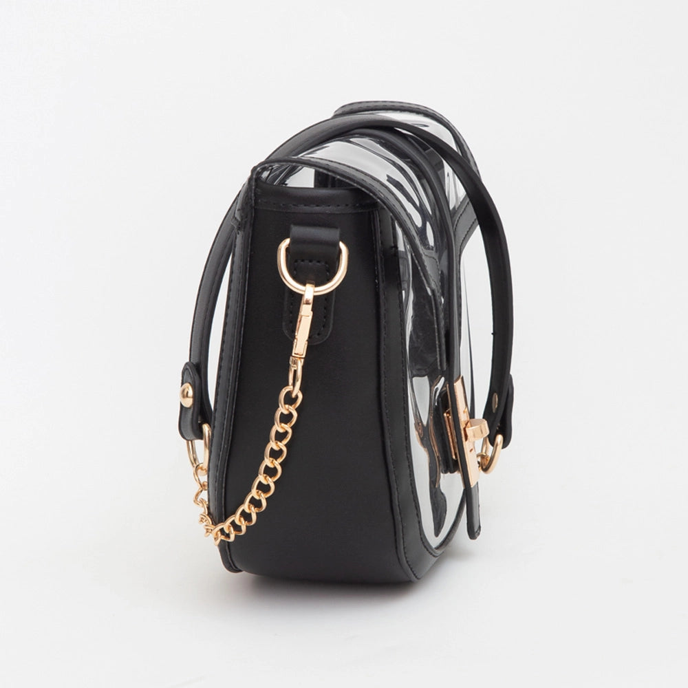 Clear Saddle Bag — Bolsa Transparente Estructurada con Cadena Dorada | Stadium Approved