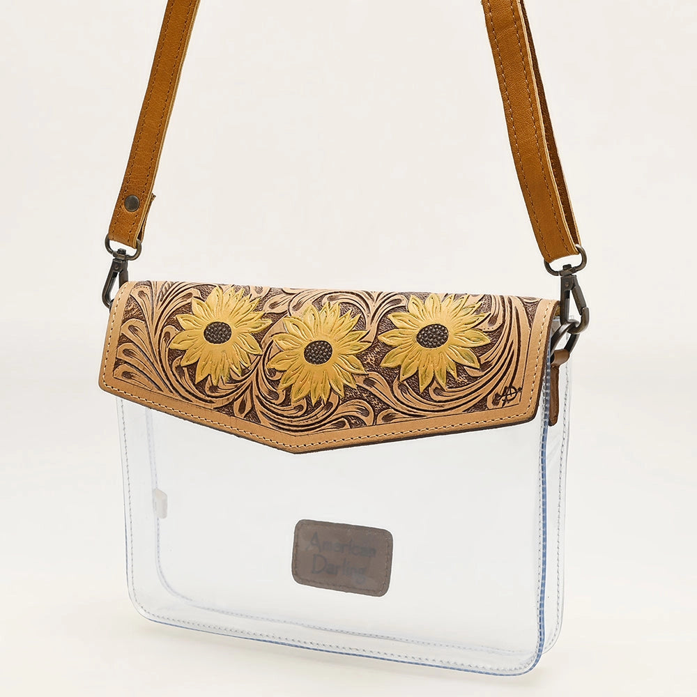 Bolsa transparente con solapa de girasoles tooled – vista lateral con correa miel