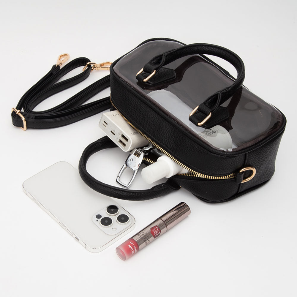 Clear Structured Handbag in Black - open view with contents