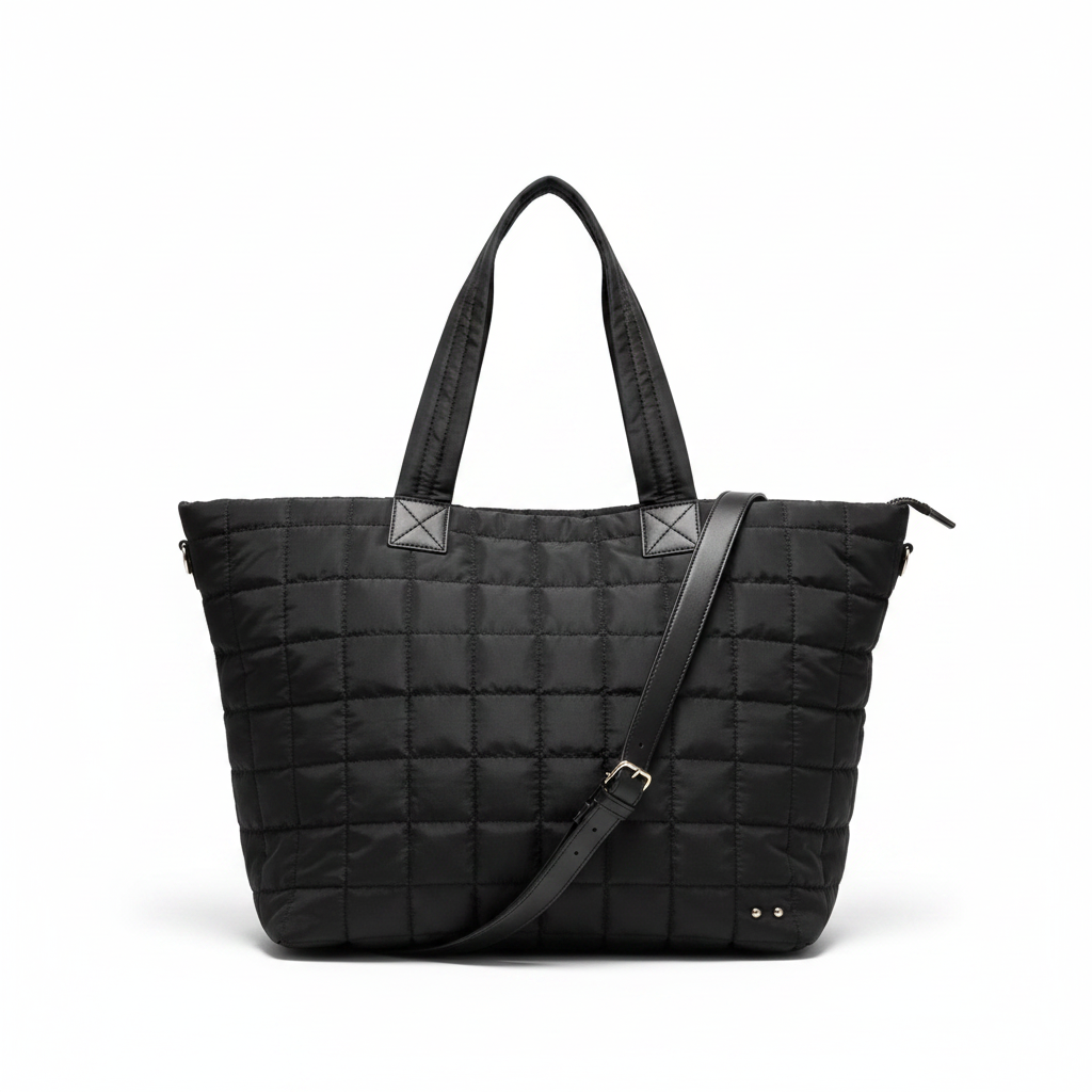 Black quilted padded tote bag on white background