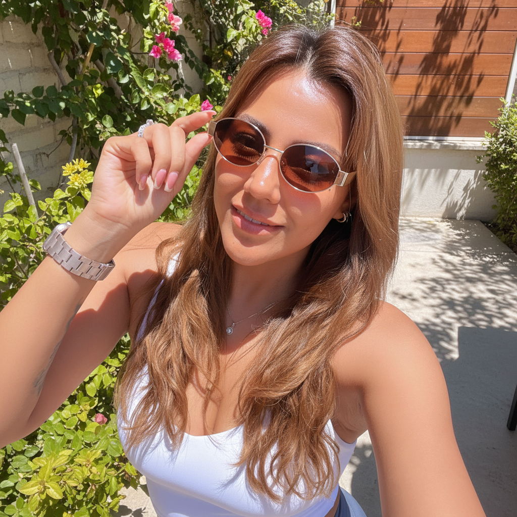 Lifestyle photo wearing oval gold frame sunglasses