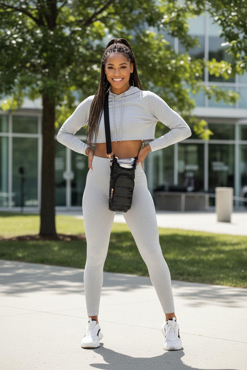 Puffer Tumbler Carrier Crossbody Bag — gym lifestyle light grey outfit