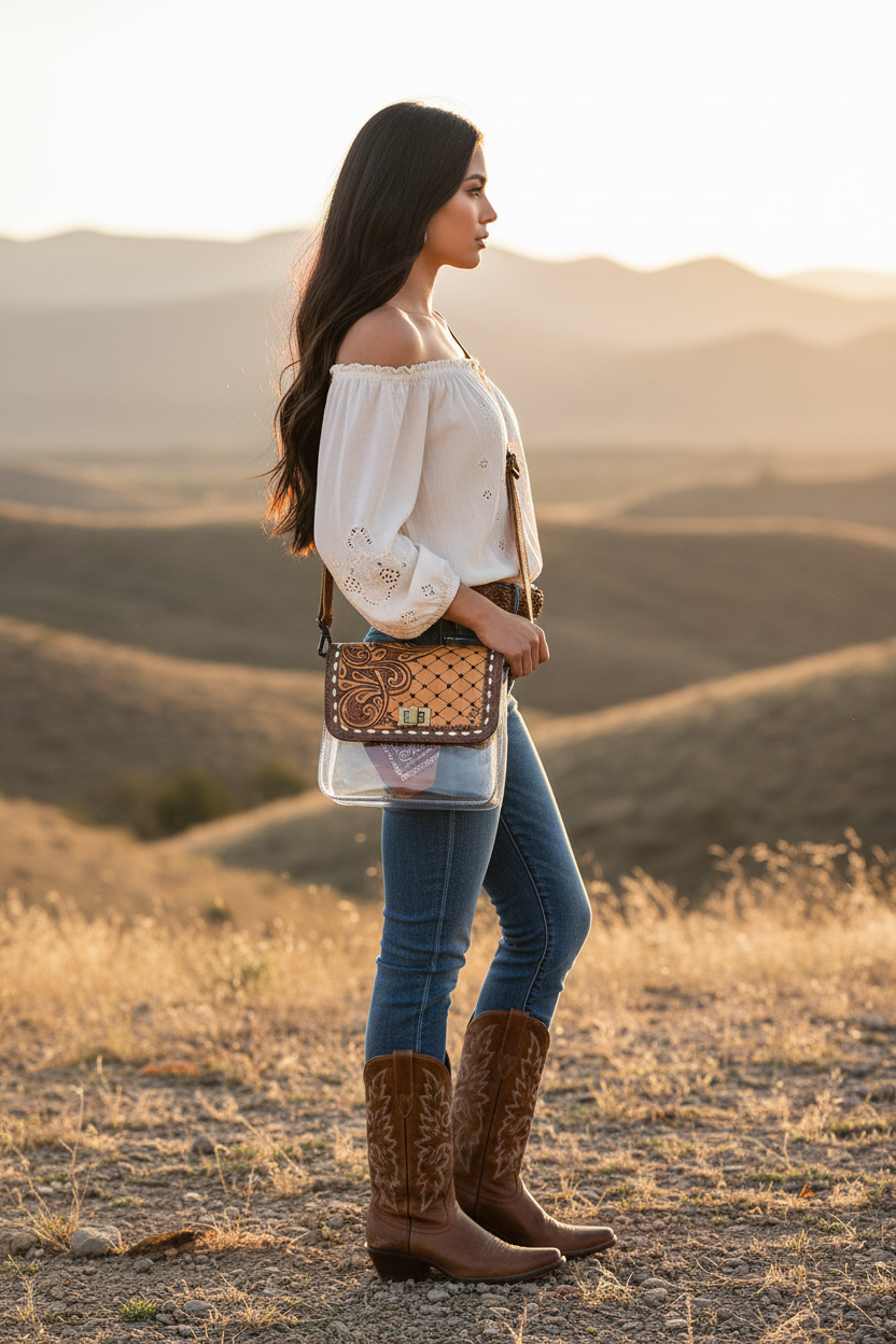 Modelo de perfil luciendo la bolsa transparente con solapa de cuero tooled western