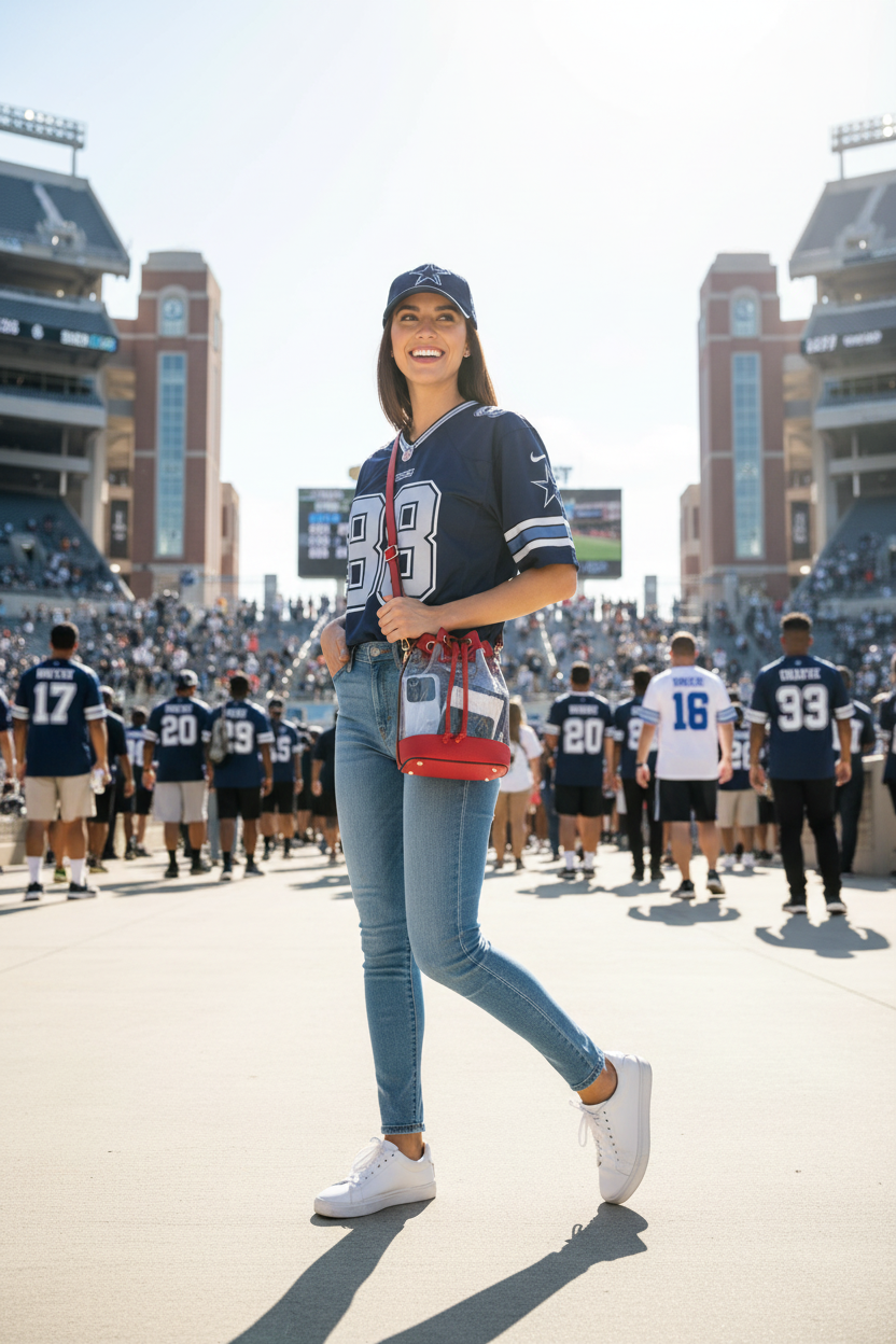 Clear Bucket Bag Mini — model entering stadium game day Cowboys outfit