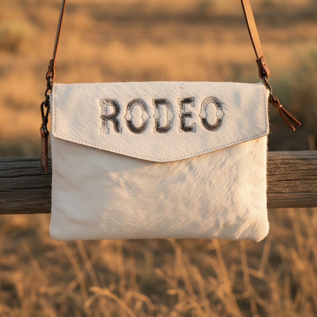 RODEO White Cowhide Crossbody Bag — close-up detail of cowhide texture and RODEO lettering