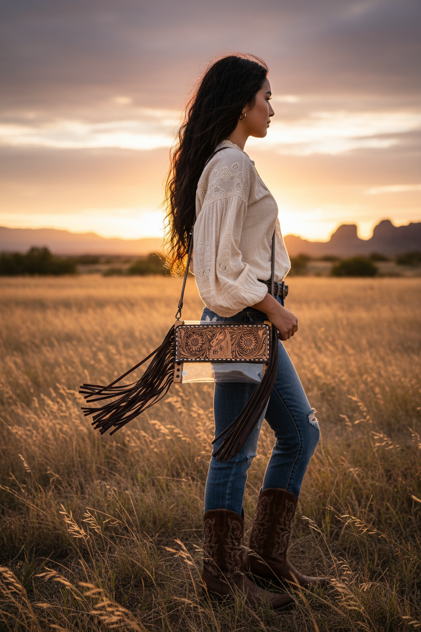 Modelo de perfil luciendo la bolsa transparente horizontal con flecos oscuros y solapa tooled con girasoles