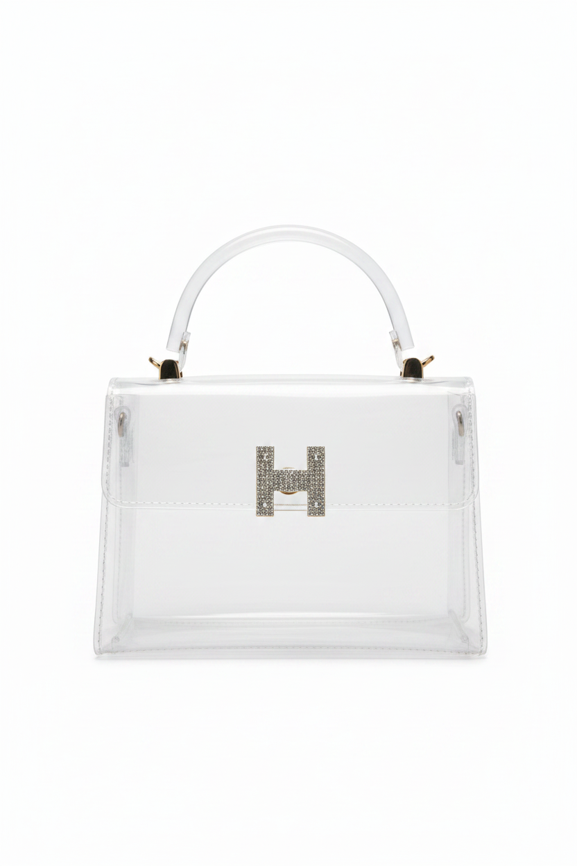 Bolsa transparente cierre H plateado fondo blanco