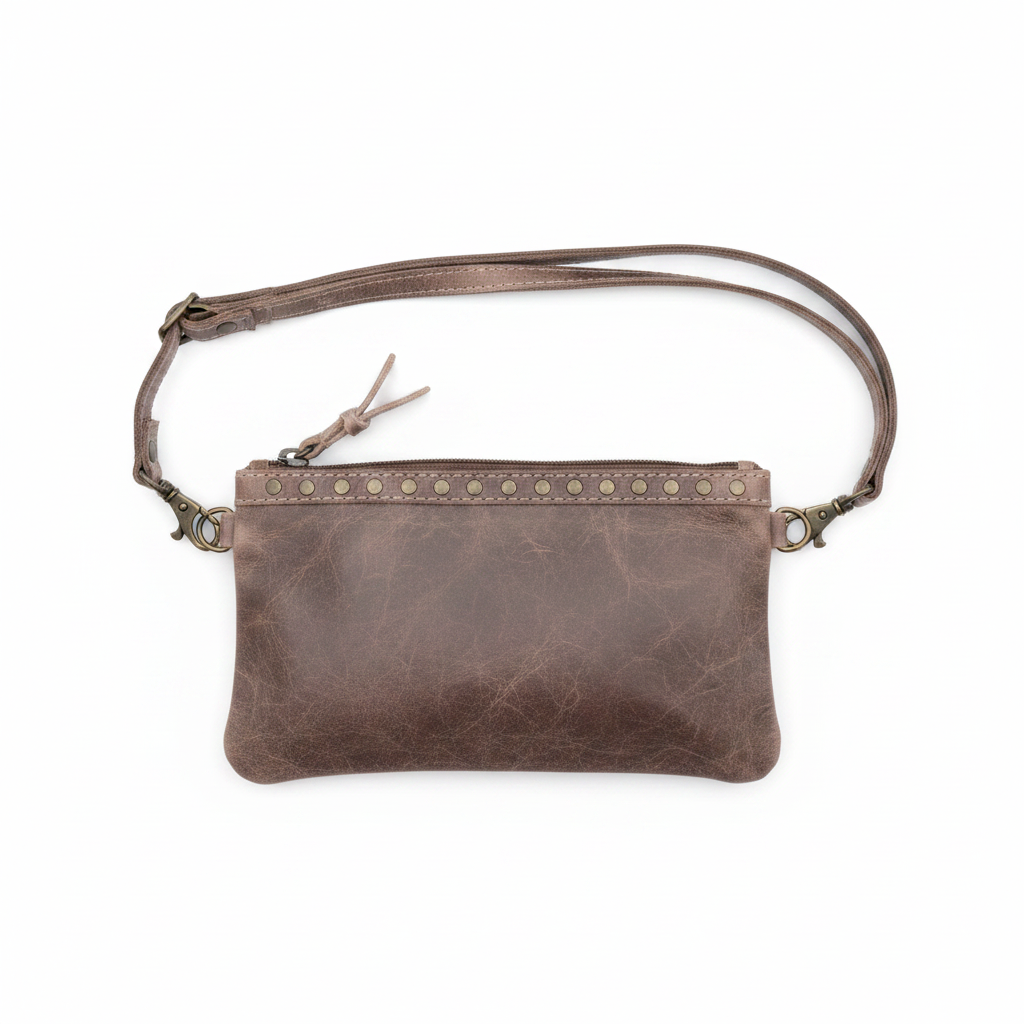 Bolsa crossbody cuero café con tachuelas vista frontal plana