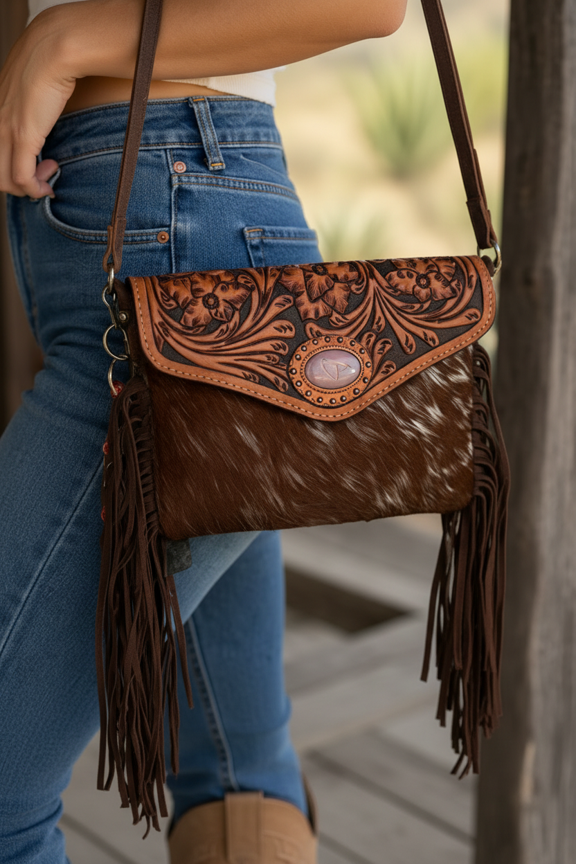 Floral Tooling Crossbody Bag with Pink Concho and Fringe — close-up detail shot