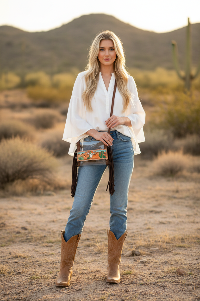 Modelo luciendo la bolsa transparente horizontal con flecos café y escena del desierto pintada a mano
