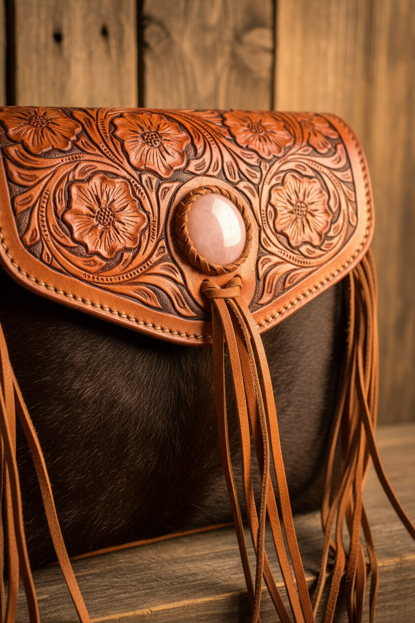 Close-up of hand-tooled floral leather flap with pale pink concho and cowhide texture