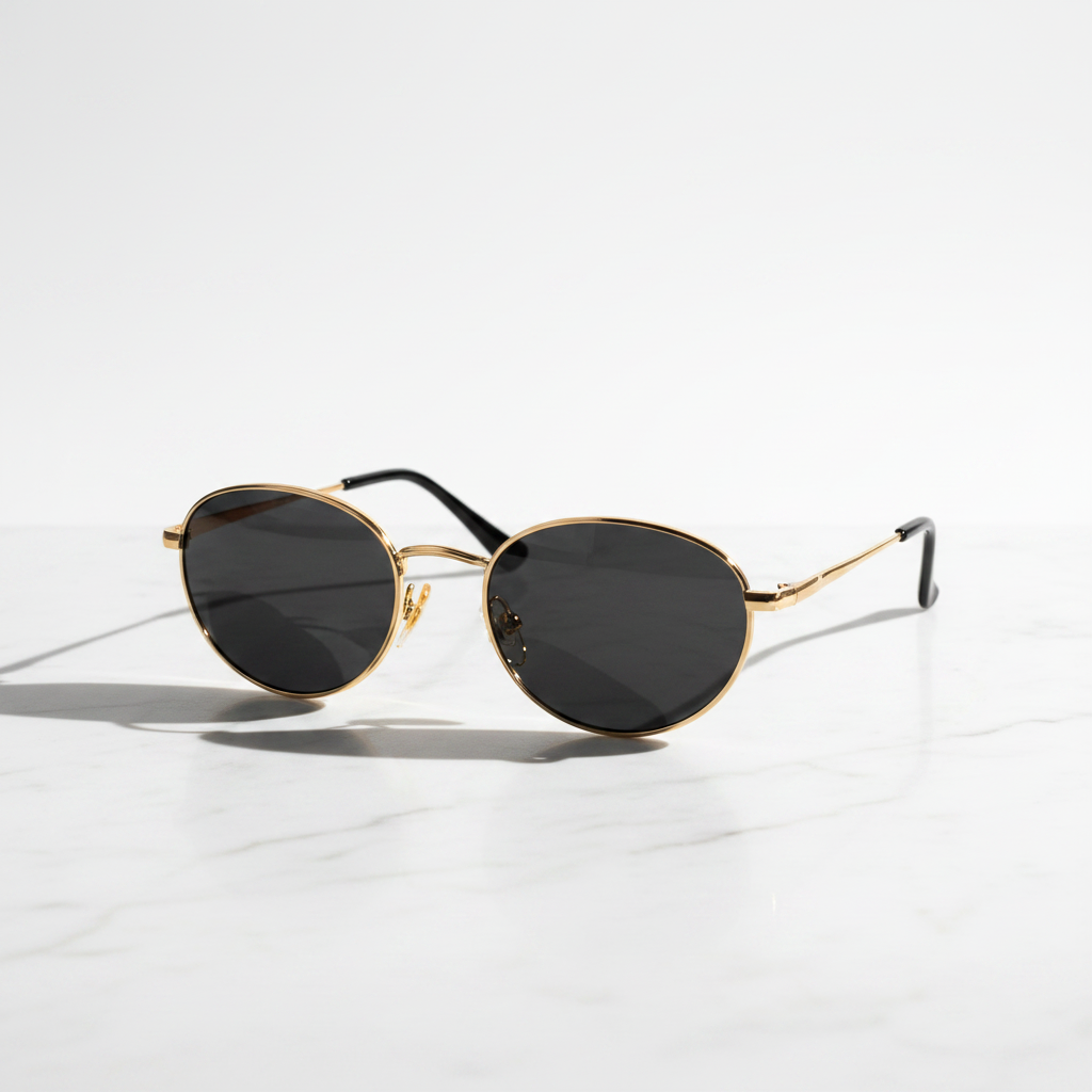 Oval Sunglasses Gold Frame Black Lenses — minimalist marble flat lay
