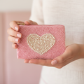 Pink Beaded Heart Coin Purse — hands holding lifestyle shot showing size