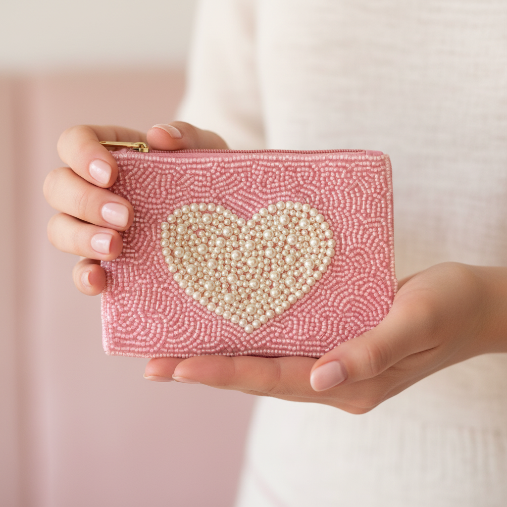 Pink Beaded Heart Coin Purse — hands holding lifestyle shot showing size