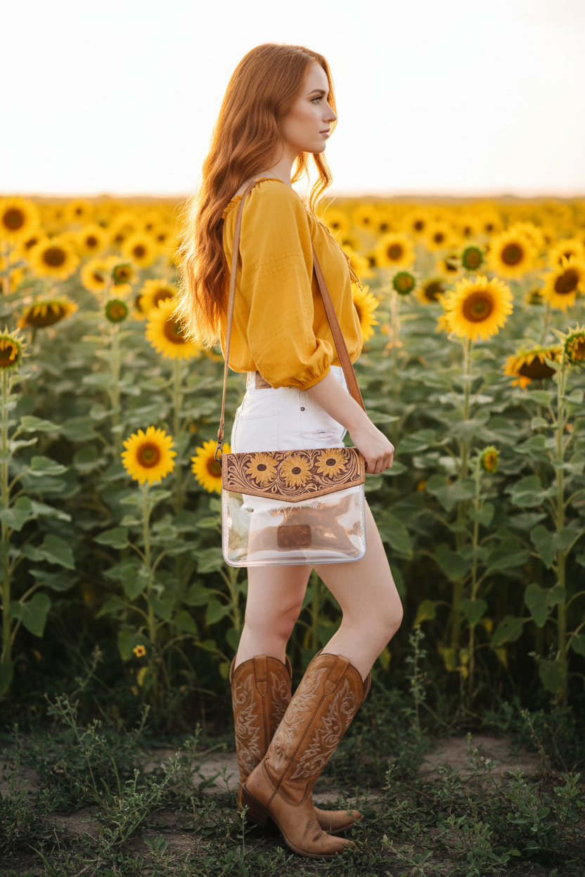 Modelo pelirroja luciendo la bolsa transparente con solapa de girasoles tooled western