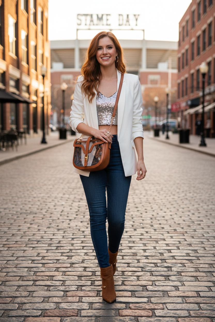 Clear Saddle Bag with tan leather trim — lifestyle model shot game day