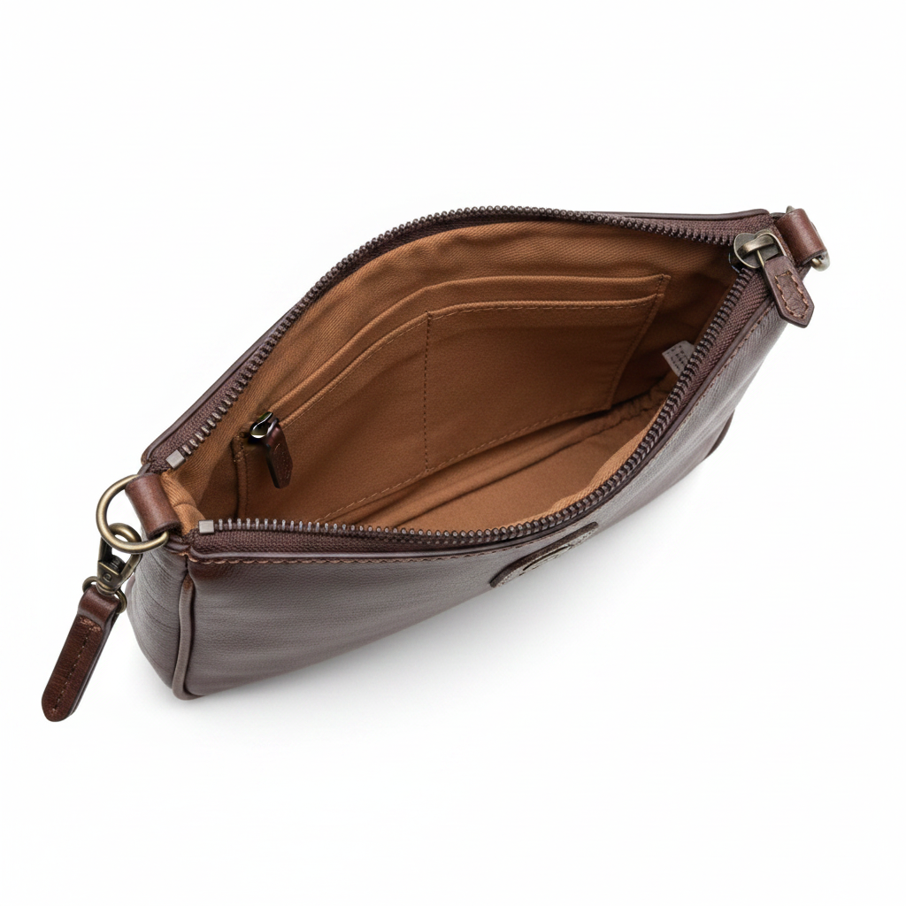 Interior de la bolsa crossbody cuero café