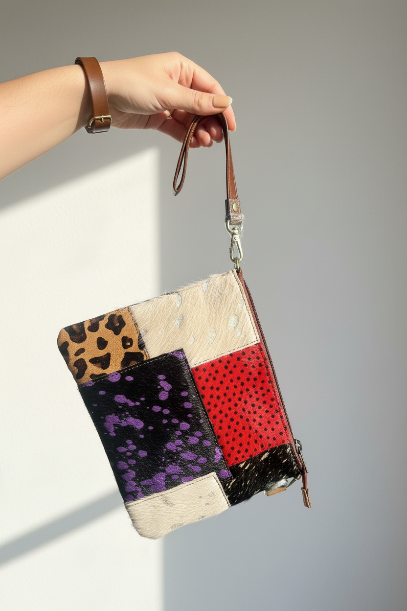Genuine Cowhide Wristlet with Calf Hair Patch — hanging from wrist strap showing full patchwork
