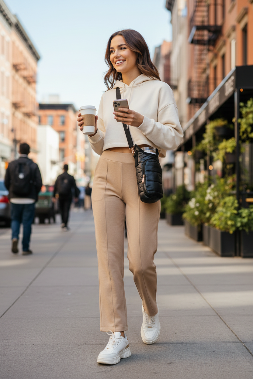 Puffer Tumbler Carrier Crossbody Bag — lifestyle beige camel outfit