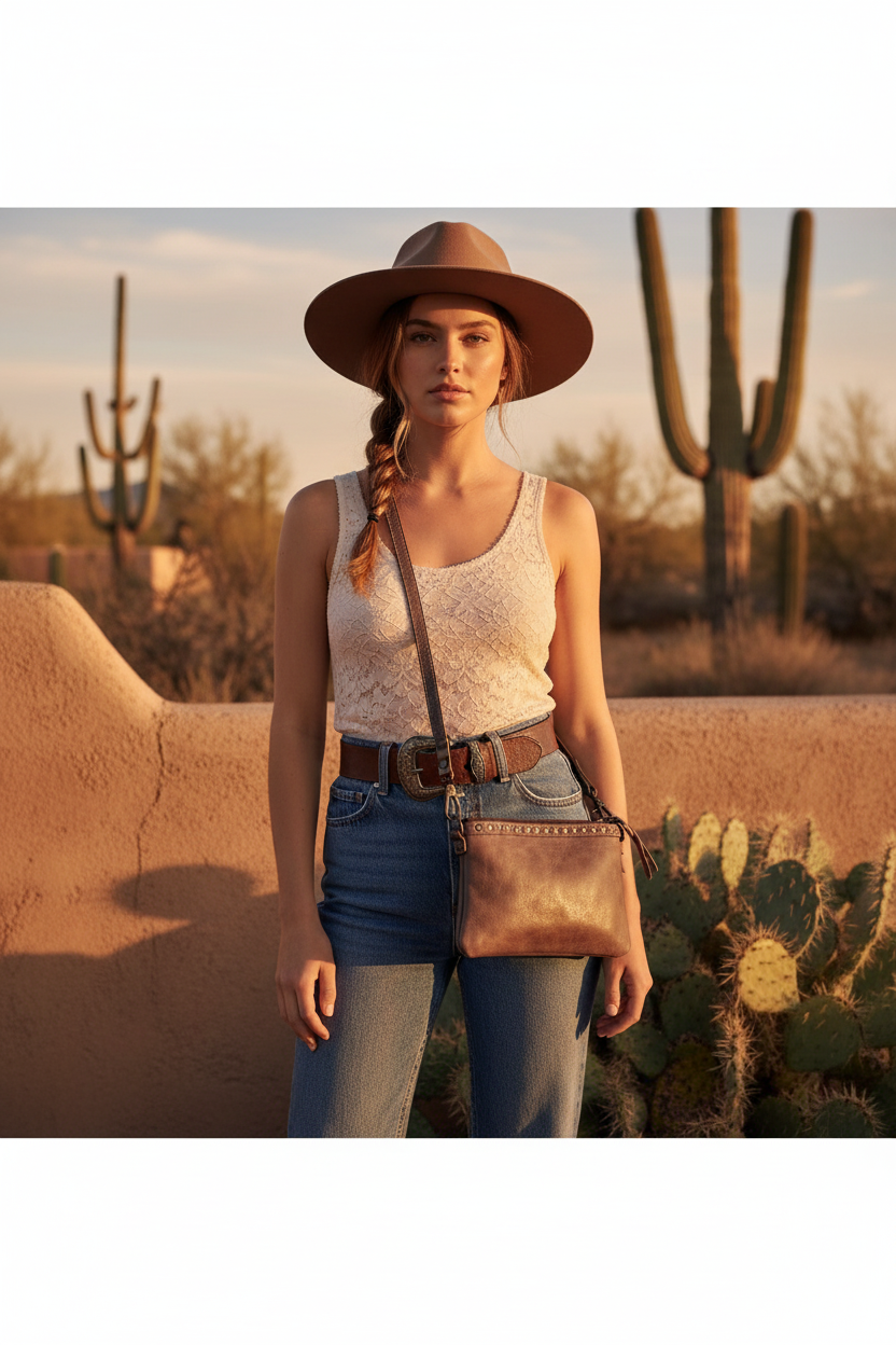 Woman in western boho outfit carrying distressed brown leather crossbody bag with silver studs, adobe wall background