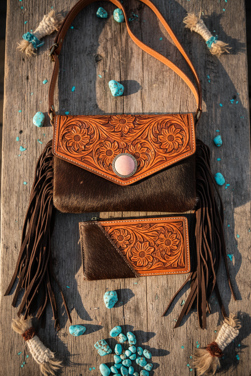 Western leather crossbody bag and matching wallet set with floral tooling and cowhide