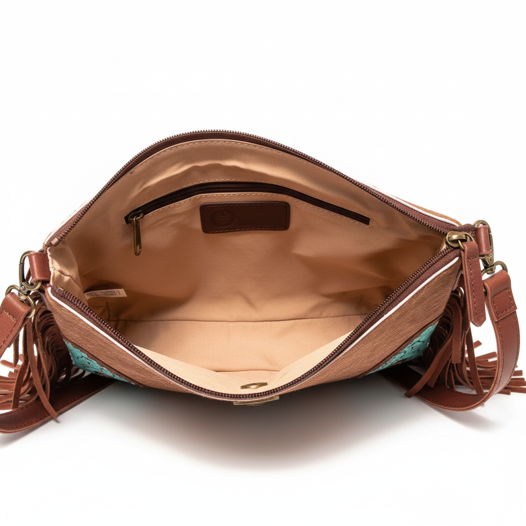 Interior de bolsa crossbody western con forro durazno y bolsillos