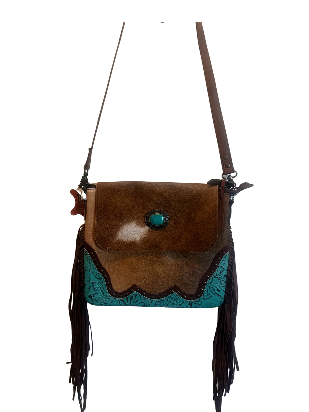 Bolsa crossbody cowhide café con turquesa - detalle solapa y concho turquesa