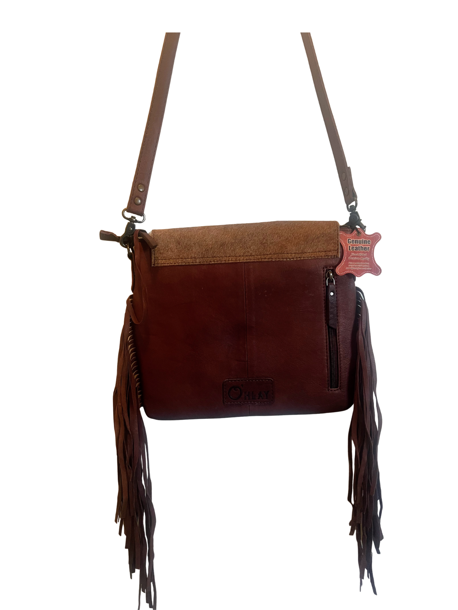 Bolsa crossbody cowhide café con turquesa - vista frontal completa