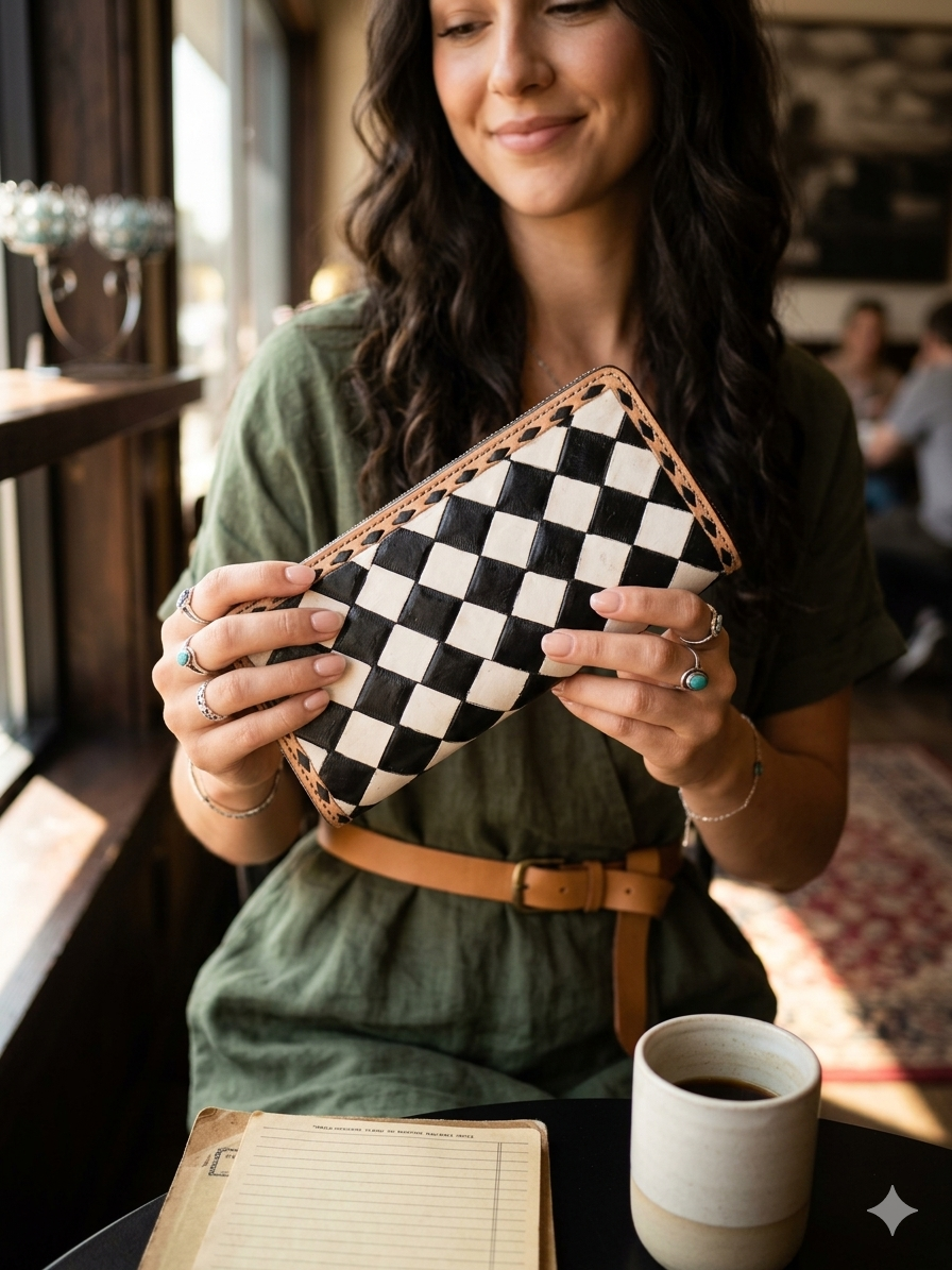 Western Leather Wallet — Black & White Diamond Tooling | Long Bifold Purse